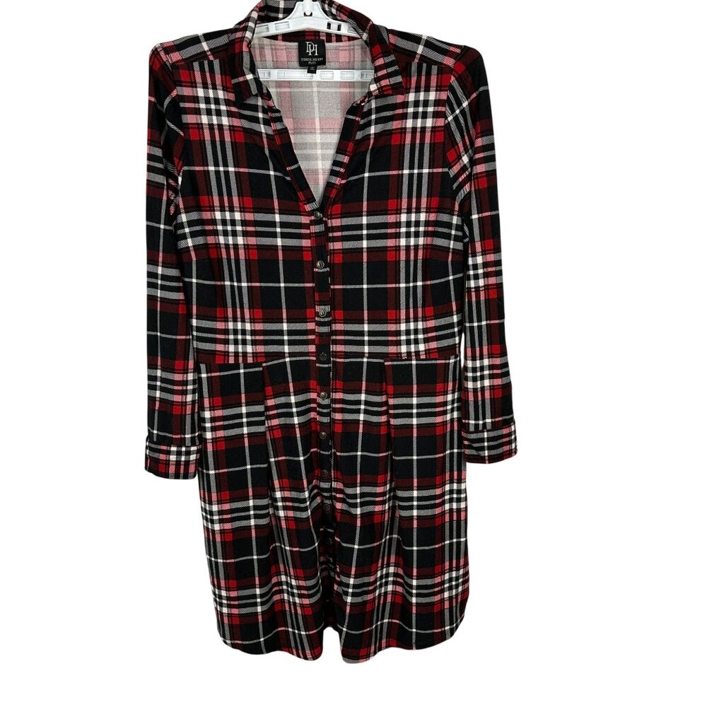 Derek Heart Plus Womens Plaid Button-Down Shirt Dress Red Black 1X Long Sleeve